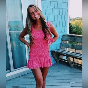 Pink smocked floral mini  dress sundress LSF style size small